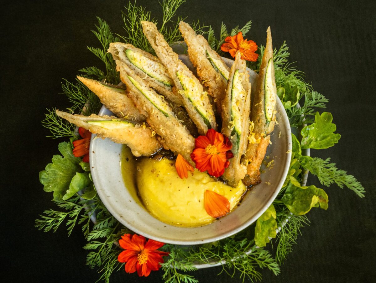 Farm Summer Squash with golden glory puree, oven fried zucchini, charred scallion, lemon, gochujang and nutmeg from Little Saint in Healdsburg. (John Burgess/The Press Democrat)