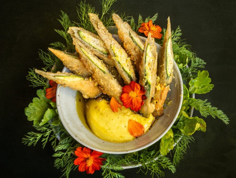 Farm Summer Squash with golden glory puree, oven fried zucchini, charred scallion, lemon, gochujang and nutmeg from Little Saint in Healdsburg. (John Burgess/The Press Democrat)