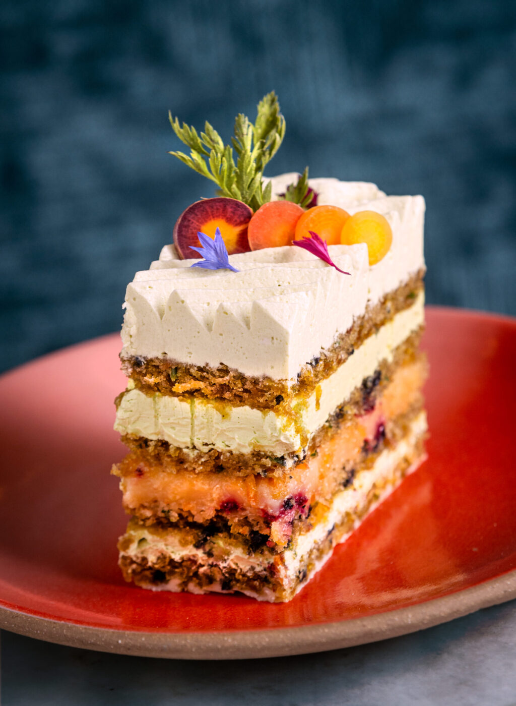 Rainbow Carrot Cake, the “funfetti” version, with shredded rainbow carrots in the gluten-free cake, layered with lemon balm buttercream and yuzu curd from Little Saint in Healdsburg. (John Burgess/The Press Democrat)