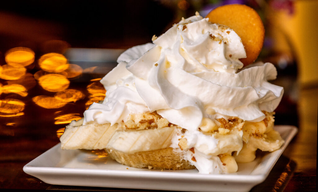 Banana Pudding starts with a delicious sugar cookie topped with fresh bananas, whipped cream, and vanilla wafers from Saucy Mama’s Jook Joint Friday, July 18, 2026 in Guerneville. (John Burgess/The Press Democrat)