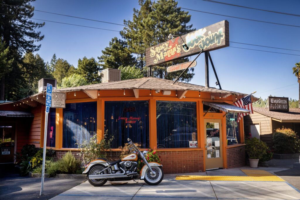 Saucy Mama’s Jook Joint Friday, July 18, 2026 at the west end of Main Street in Guerneville. (John Burgess/The Press Democrat)