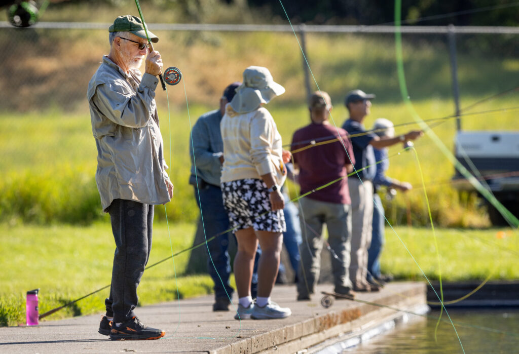 The Russian River Fly Casters offers clinics for beginners every Thursday at the casting pond in Santa Rosa’s Galvan Park. Photo taken Thursday, May 7, 2026. (John Burgess/The Press Democrat)