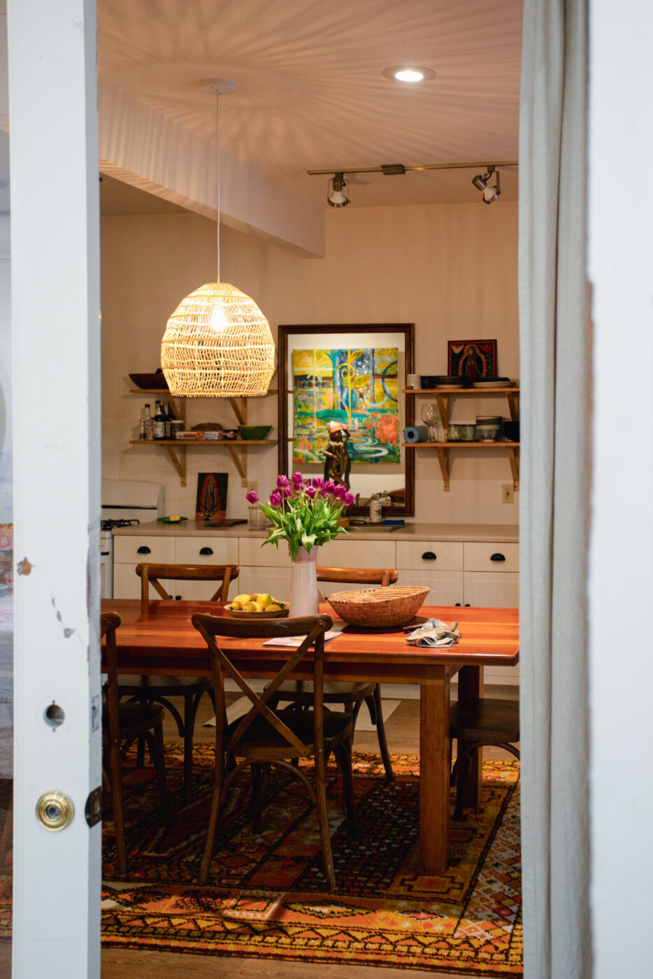 A dining table at Westerbeke’s art studio on the ground floor of her light and airy one bedroom residence. (Eileen Roche)