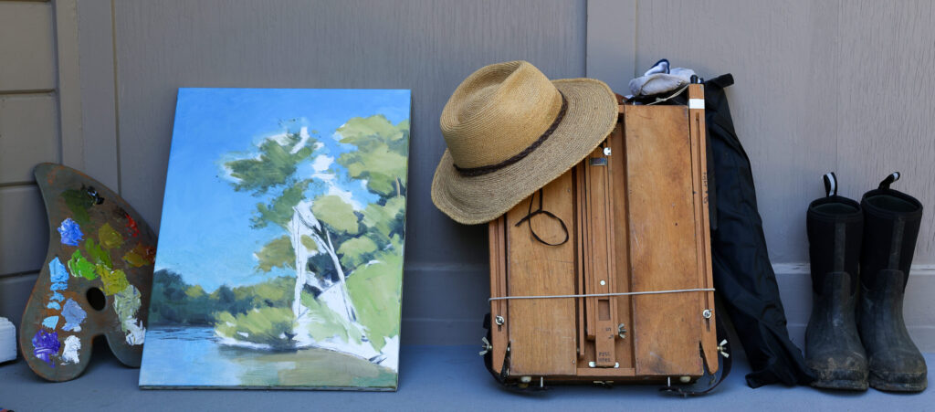 Christopher Leith Evans’ painting supplies sit near his front door, ready to be taken to the nearby Russian River in Healdsburg on Monday, May 11, 2026. (Christopher Chung/The Press Democrat)