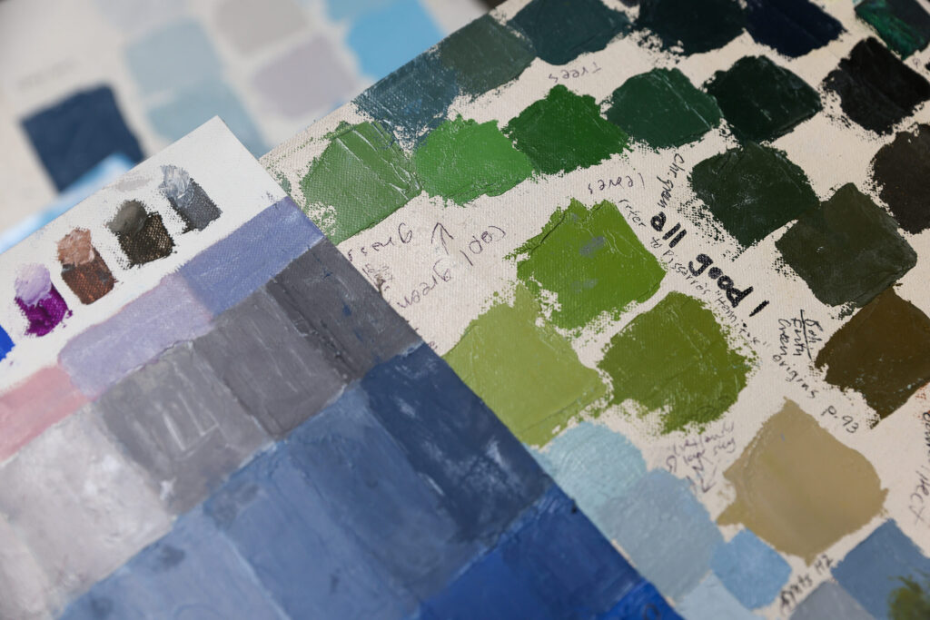 Swatches of paint with notes in Christopher Leith Evans’ home studio in Healdsburg on Monday, May 11, 2026. (Christopher Chung/The Press Democrat)