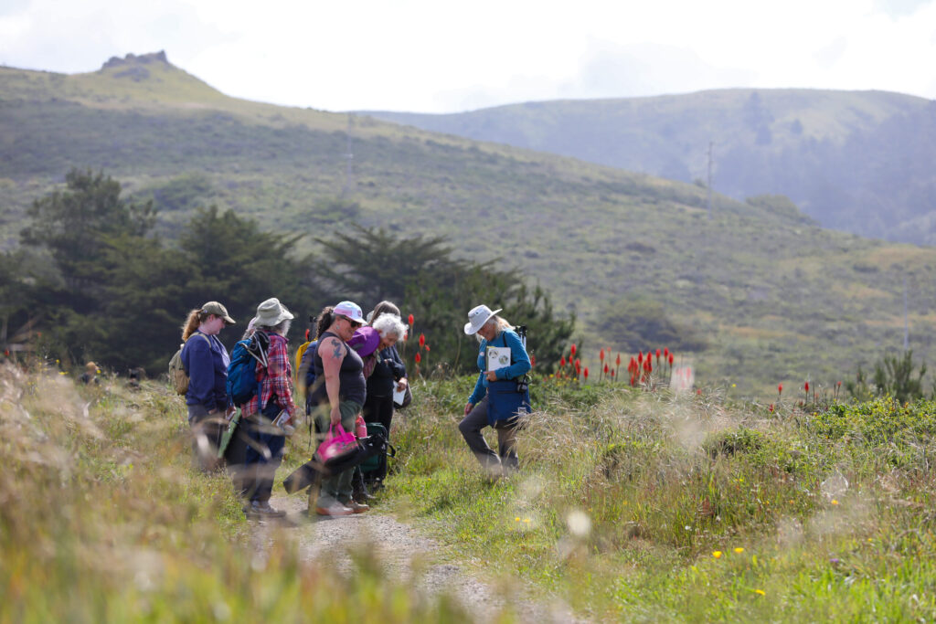 California Naturalist Sarah Reid, right, shows a Nature Journaling class different types of things to look for as they hike out onto the bluffs above Shell Beach, north of Bodega Bay on Monday, May 4, 2026. (Christopher Chung/The Press Democrat)