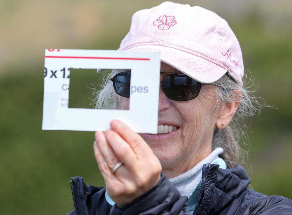 Sue Diethelm uses a cardboard cutout to help frame a scene while taking a Nature Journaling class at Shell Beach, north of Bodega Bay on Monday, May 4, 2026. (Christopher Chung/The Press Democrat)