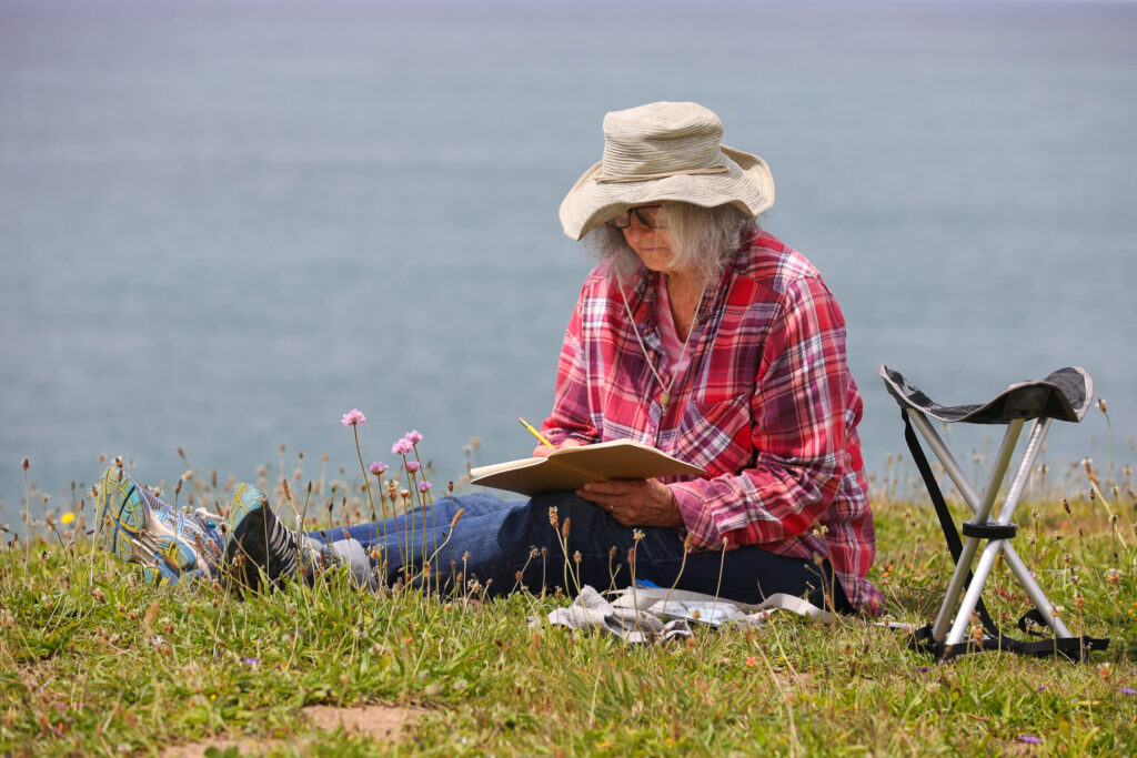 Linda Owens draws wildflowers during a Nature Journaling class on the bluffs above Shell Beach, north of Bodega Bay on Monday, May 4, 2026. (Christopher Chung/The Press Democrat)