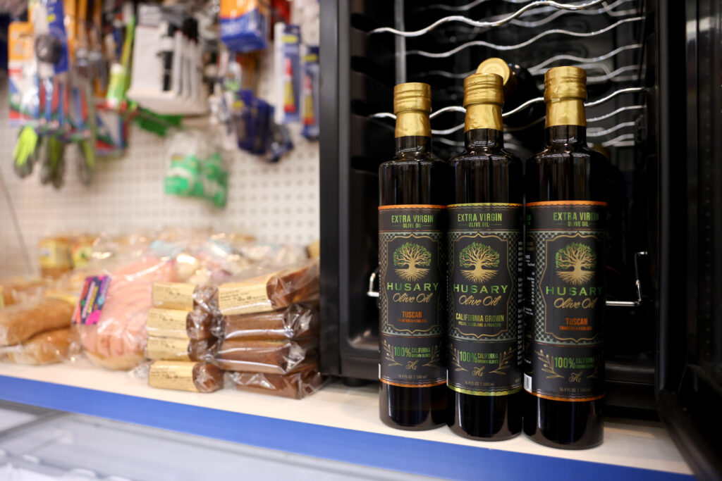 Signature extra-virgin olive oil for sale at the Husary 76 gas station in Sebastopol Sunday, May 10, 2026. (Beth Schlanker / The Press Democrat)