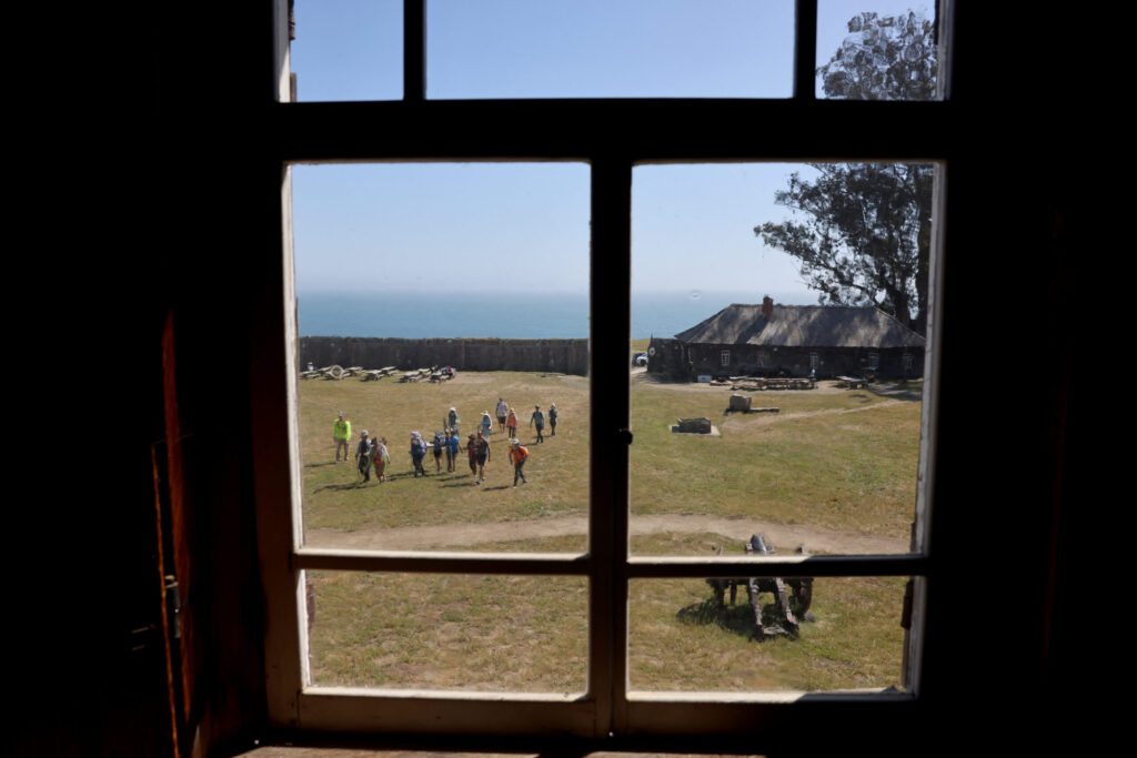 Camino de Sonoma hikers arrive at the chapel at Fort Ross. Photo taken in Fort Ross Tuesday, May 19, 2026. (Beth Schlanker / The Press Democrat)