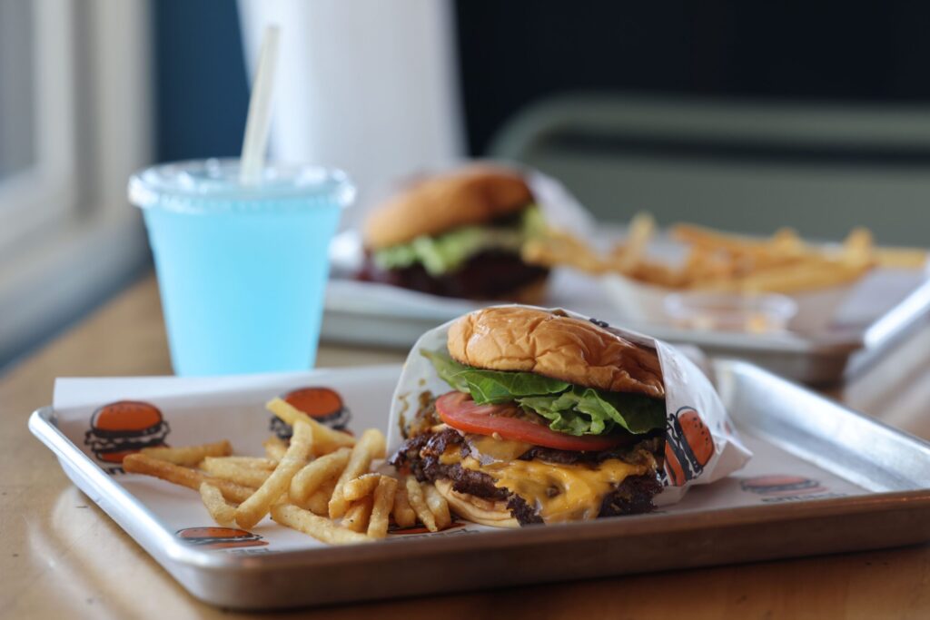 The Double Smash with fries and a blue Gatorade frozen slush at SMASH in Sonoma Thursday, July 16, 2026. (Beth Schlanker / The Press Democrat)