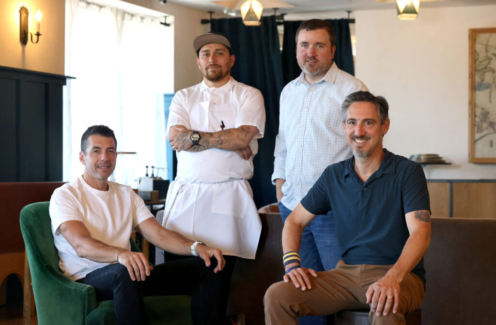 (From left) SMASH managing partner Ari Weiswasser, executive chef Jeremy Cabrera, managing partner Spencer Waite, and general manager Martin Gobbee at SMASH in Sonoma Thursday, July 16, 2026. (Beth Schlanker / The Press Democrat)