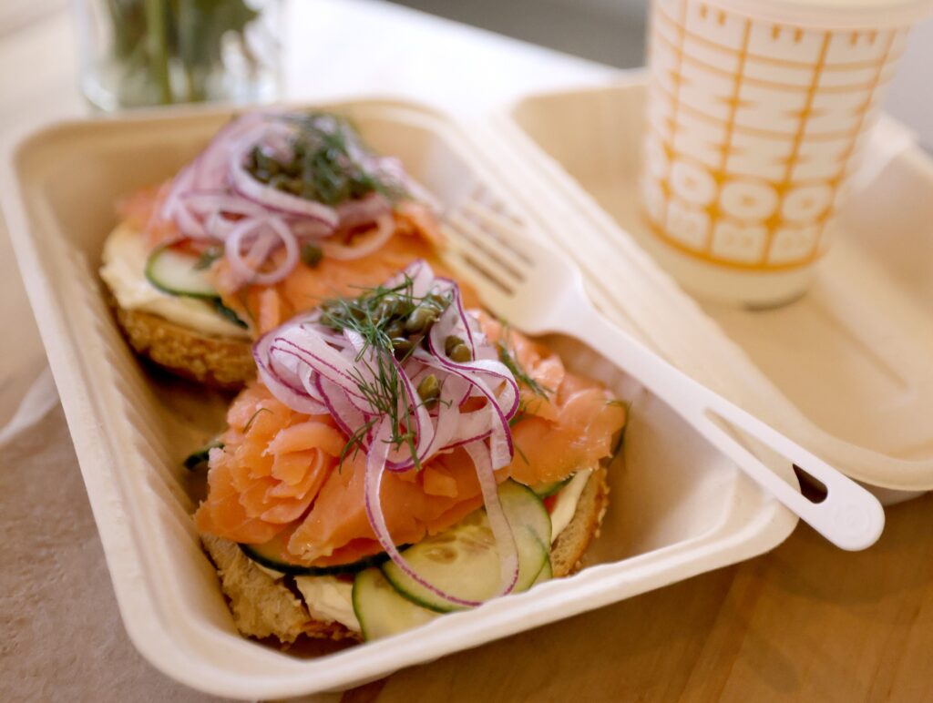 A bagel topped with cream cheese, lox, tomato, cucumber, red onion, capers and dill at Bonnie Bagels & Co. in Sebastopol Wednesday, Aug. 19, 2026. (Beth Schlanker / The Press Democrat)