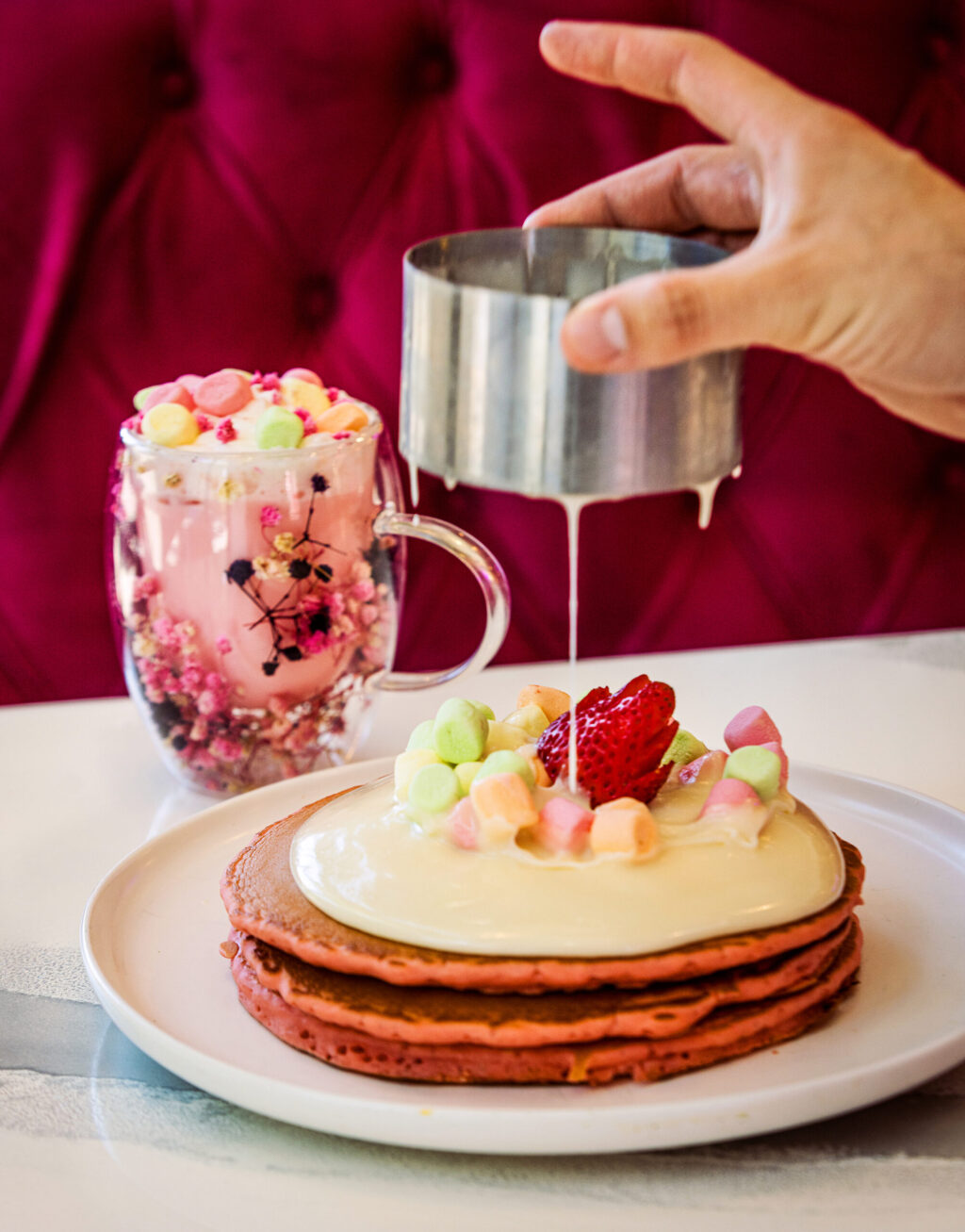 Strawberry Heaven Pink Pancakes with a Pink Obsession Milk Tea with glitter from Café Carrusel Tuesday, July 28, 2026 in Santa Rosa. (John Burgess/The Press Democrat)