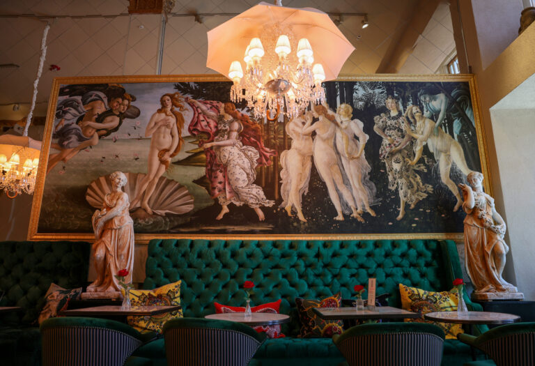 Botticelli’s Venus and the Roman goddess Flora are featured inside the Flora Springs Wine Lounge in Napa on Friday, August 21, 2026. (Christopher Chung/The Press Democrat)