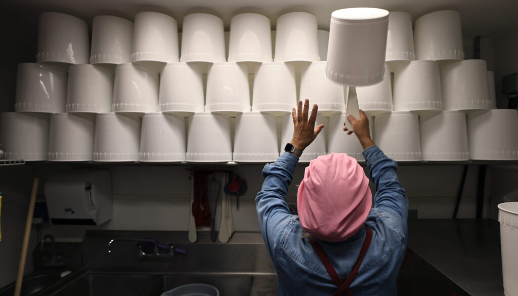 Screamin' Mimi’s Maraline “Mimi” Mazzetti Olson pulls down a bucket which will store a batch of Cookie Break, Wednesday, August 12, 2026, in Sebastopol. (Kent Porter / The Press Democrat)