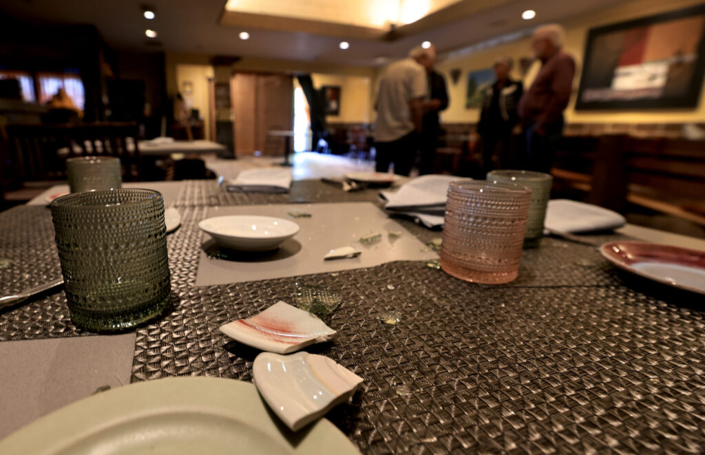 Debris remains after a vehicle plowed through Baci Cafe and Wine Bar Saturday morning. On Tuesday, May 26, 2026, owner Lisbeth Holmefjord discuss rebuilding options. (Kent Porter / The Press Democrat)