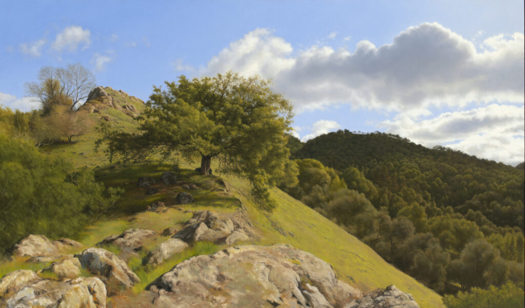 Artist Christopher Leith Evans paints startingly realistic skies, such as the one in his painting "Young Oak on a Steep Hillside." (Courtesy of Christopher Leith Evans)