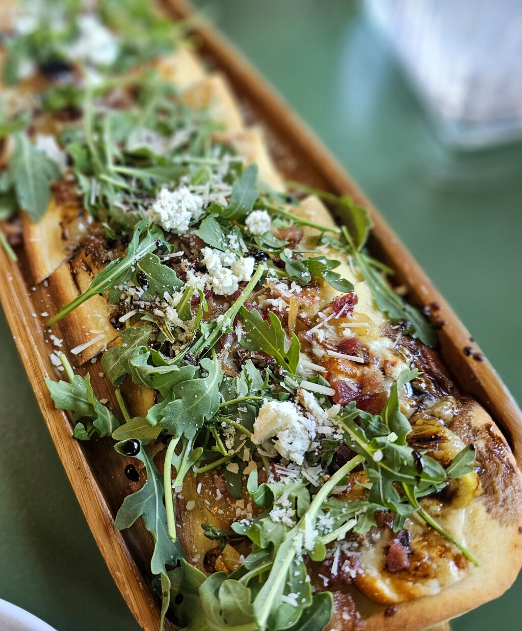 Flatbread with Point Reyes blue cheese, caramelized onions and bacon at Hazel Restaurant in Occidental. (Heather Irwin / The Press Democrat)