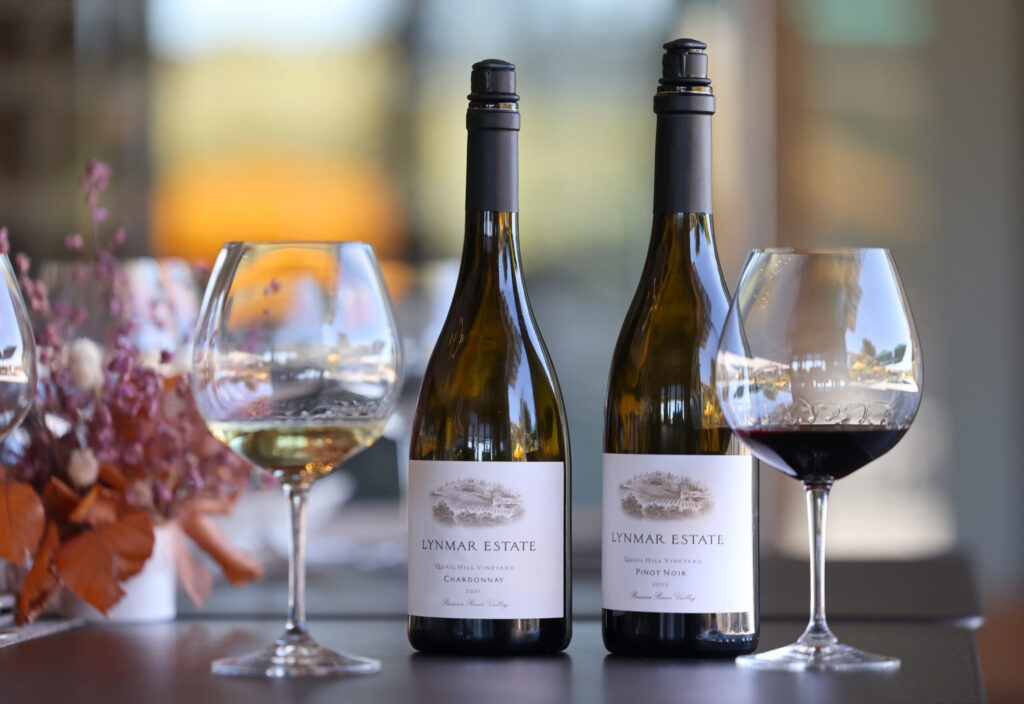 The 2021 Lynmar Estate Quail Hill Vineyard Chardonnay, left, and the 2022 Lynmar Estate Quail Hill Vineyard Pinot Noir at Lynmar Estate Winery in Sebastopol Sunday, Sept. 6, 2026. (Beth Schlanker / The Press Democrat)