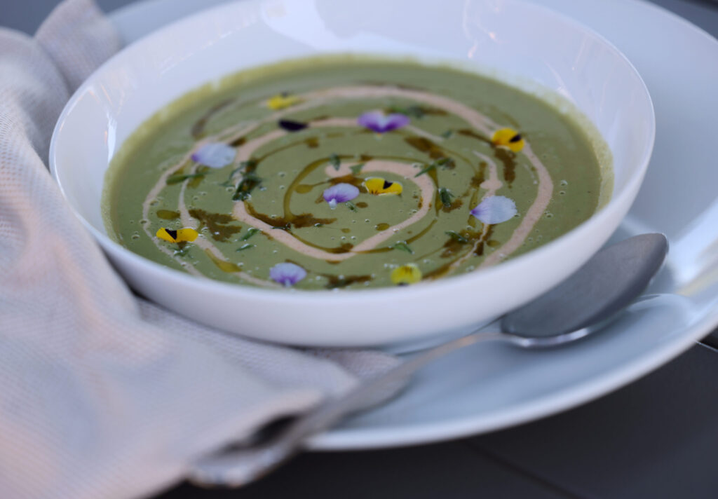A green gazpacho blended with walnuts and sourdough bread at Lynmar Estate Winery in Sebastopol Sunday, Sept. 6, 2026. (Beth Schlanker / The Press Democrat)