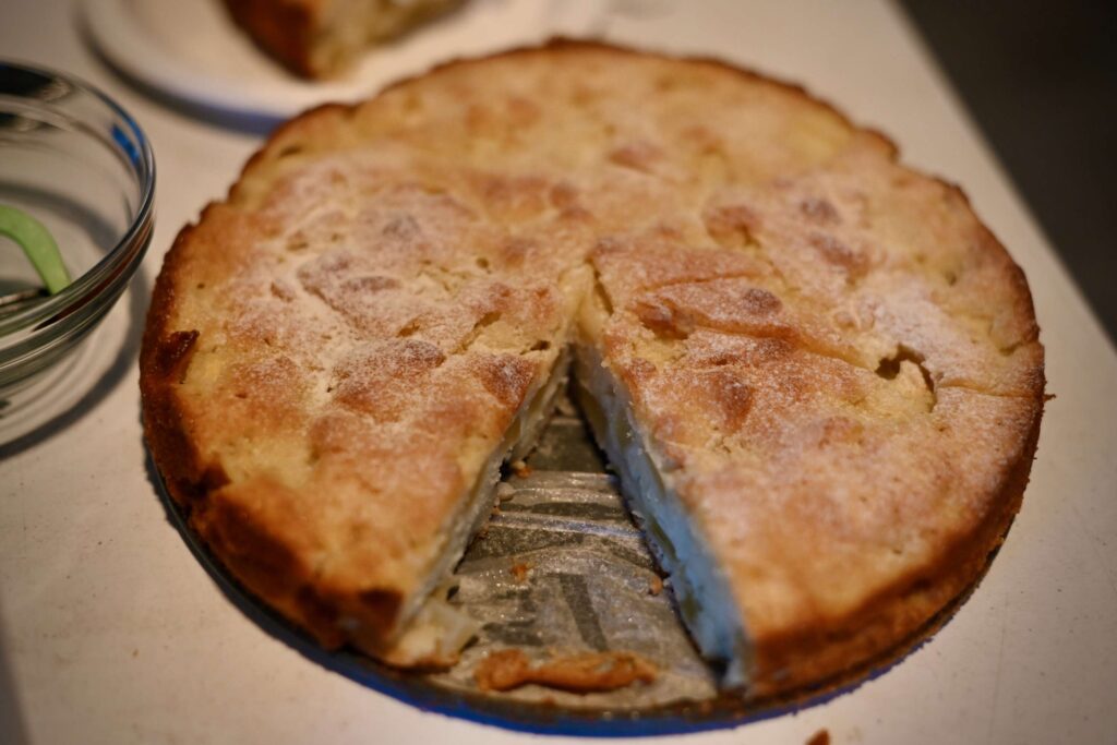 Apple cake spiced with calvados during Barbara Shenson’s Rosh Hashanah recipes cooking class at a Jewish food retreat held at the Union for Reform Judaism Camp Newman in Santa Rosa on Saturday, Sept. 14, 2024. (Erik Castro / For The Press Democrat)